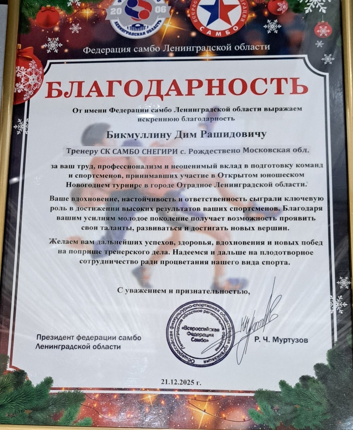 Благодарность Бикмуллину Диму Рашидовичу